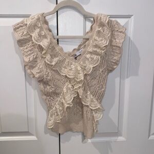 Zara Ruffled Knit Top, crochet/lace, Cream. Size Large. NEW